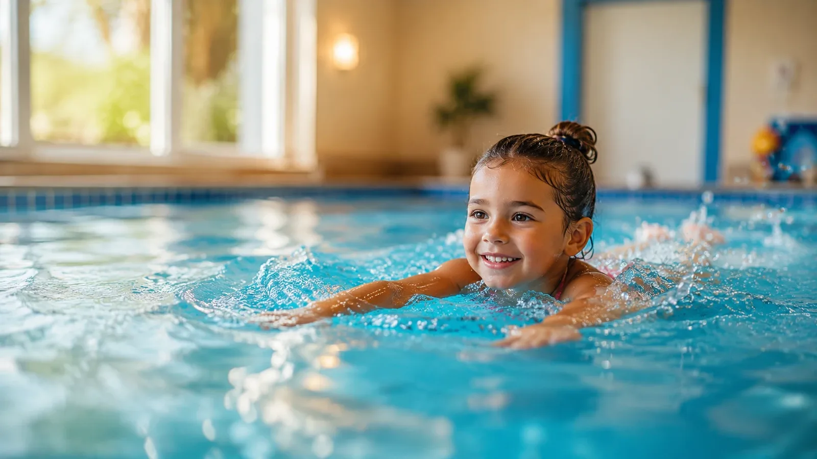 Kind schwimmt lächelnd im Becken